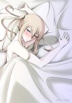  1girl blonde_hair graf_zeppelin_(kancolle) grey_eyes hair_between_eyes highres kantai_collection looking_at_viewer lying misono_chiaki on_side pillow sidelocks smile solo tsurime twintails under_covers upper_body 