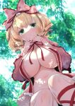  1girl areola_slip areolae bangs blonde_hair bow breasts cleavage drill_locks eyebrows_visible_through_hair from_below green_eyes hair_bow highres hina_ichigo huge_breasts leaf leg_ribbon looking_at_viewer navel open_mouth outdoors pink_bow red_ribbon ribbon rozen_maiden short_hair solo tousen 