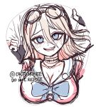  1girl artist_name bangs barbed_wire blonde_hair blue_bow blue_bowtie blue_eyes blush bow bowtie breasts collarbone danganronpa_(series) danganronpa_v3:_killing_harmony fingerless_gloves gloves goggles goggles_on_head highres iruma_miu khee large_breasts long_hair mousepad_(medium) pink_shirt sailor_collar shirt sketch solo sweat teeth upper_teeth watermark white_sailor_collar 