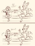  absurd_res anthro bottomwear buckteeth canid canine clothed clothing crop_top dialogue disney duo english_text eye_contact female fluttershythekind food fox furniture hi_res holding_food holding_object judy_hopps lagomorph leporid looking_at_another male mammal monochrome nick_wilde offering_food open_mouth pants popcorn rabbit shirt shorts simple_background sitting sofa teeth text topwear zootopia 