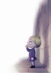  1boy black_footwear blonde_hair blush child commentary_request crown daida from_side full_body long_sleeves male_focus mini_crown nikomi_(nikomix) ousama_ranking pants purple_shirt shiny shiny_hair shirt shoes short_hair solo standing stone_wall thumb_sucking wall white_background younger 