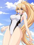  1girl abu blonde_hair blue_eyes blue_sky breasts cloud commentary_request competition_swimsuit cowboy_shot day fate/apocrypha fate/grand_order fate_(series) highleg highleg_swimsuit highres jeanne_d&#039;arc_(fate) jeanne_d&#039;arc_(fate/apocrypha) jeanne_d&#039;arc_(swimsuit_archer)_(fate) large_breasts long_hair looking_at_viewer one-piece_swimsuit ponytail sky solo standing swimsuit white_swimsuit 