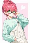  1girl adjusting_eyewear ahoge alternate_hairstyle bangs blue_shirt blush casual commentary_request earrings glasses green_eyes green_nails hair_between_eyes hair_bun hair_ornament hair_up heart highres hololive jewelry long_sleeves looking_at_viewer multicolored_nails nail_polish overalls parted_lips red_hair red_nails sakura_miko shirt simple_background sleeves_past_wrists solo triangle_mouth upper_body zumi6 