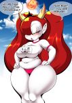  blush bodily_fluids breasts clothing cocco dialogue disney english_text female hair hair_over_eye hekapoo hi_res not_furry one_eye_obstructed red_hair shirt solo star_vs._the_forces_of_evil sweat text thick_thighs topwear 
