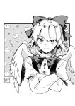  1girl angel_wings bangs bow bowtie buttons closed_mouth commentary_request crossed_arms eyebrows_visible_through_hair feathered_wings gengetsu_(touhou) greyscale hair_bow happy highres juliet_sleeves long_sleeves looking_at_viewer monochrome puffy_sleeves shirt short_hair smile touhou touhou_(pc-98) traditional_media upper_body vest wadante white_wings wings 