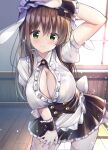  alternate_hairstyle animal_ears apron arm_up bangs black_skirt breasts brown_hair buttons cleavage closed_mouth commentary_request covered_nipples double-breasted eyebrows_visible_through_hair fleur_de_lapin_uniform gochuumon_wa_usagi_desu_ka? green_eyes hand_on_own_leg highres indoors kurou_(quadruple_zero) large_breasts long_hair looking_at_viewer maid maid_apron rabbit_ears shirt short_sleeves skirt smile standing thighhighs ujimatsu_chiya white_legwear white_shirt window wooden_floor wrist_cuffs 