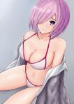  1girl bikini breasts cleavage commentary_request cowboy_shot fate/grand_order fate_(series) grey_background grey_jacket hair_over_one_eye haruyuki_(karem) highres jacket large_breasts mash_kyrielight open_clothes open_jacket purple_eyes purple_hair short_hair sitting solo swimsuit white_bikini 