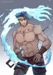  1boy abs black_hair claws closed_eyes dark-skinned_male dark_skin earrings geb_(stand) headband highres hoop_earrings jewelry jojo_no_kimyou_na_bouken male_focus muscular muscular_male n&#039;doul pectorals solo stardust_crusaders tanakaoften topless_male water 