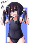  1girl absurdres akatsuki_(kancolle) alternate_costume alternate_hairstyle badge blue_background blue_swimsuit collarbone comb covered_navel eyebrows_visible_through_hair hair_between_eyes highres kantai_collection long_hair looking_at_viewer messy_hair old_school_swimsuit one-piece_swimsuit open_mouth purple_eyes purple_hair school_swimsuit solo swimsuit t_(dyuhuhudyukusi) twintails white_background 