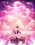  1girl bad_id bad_twitter_id blonde_hair cloud constellation crescent crescent_moon dress hissflower holding holding_weapon lisette_(pocket_mirror) long_hair looking_to_the_side moon multicolored_background pale_skin pink_background pocket_mirror purple_background purple_eyes scissors sky star_(sky) starry_sky weapon 