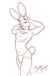  anthro bucklebunny bulge clothed clothing elbow_tufts eyebrows front_view guide_lines hands_behind_head hi_res inner_ear_fluff lagomorph leporid looking_aside male mammal monochrome navel neck_tuft pose rabbit raised_eyebrow red_and_white scut_tail short_tail signature solo standing tuft underwear underwear_only 