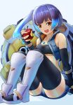  1girl apple blue_hair blue_shorts brown_eyes chest_jewel eating fiery_hair food fruit glowing_lines hammer high_tops highres inuneco leggings sena_(xenoblade) shorts shoulder_strap solo sports_bra xenoblade_chronicles_(series) xenoblade_chronicles_3 