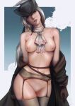  1girl ascot blood bloodborne blue_eyes breasts cape coat garter_straps gloves hat hat_feather ivana_anemon lady_maria_of_the_astral_clocktower long_hair looking_at_viewer navel nipples nude ponytail pussy simple_background solo the_old_hunters thighhighs white_hair 