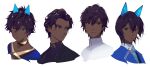  4boys :| arjuna_(fate) arjuna_(traveling_outfit)_(fate) arjuna_(versus)_(fate) arjuna_alter_(fate) arjuna_alter_(student_council_president)_(fate) bishounen black_eyes black_hair blue_horns blue_jacket clone closed_mouth collared_shirt dark-skinned_male dark_skin expressionless face fate/grand_order fate_(series) formal glowing_horns highres horns indian_clothes jacket light_smile long_sleeves looking_at_viewer male_focus multiple_boys multiple_persona multiple_views official_alternate_costume pisu portrait school_uniform shirt short_hair simple_background suit white_background white_shirt 
