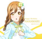  1girl :o anibache bangs birthday blush braid breasts brown_hair character_name commentary dated english_text eyebrows_visible_through_hair flower hair_flower hair_ornament happy_birthday kunikida_hanamaru long_hair looking_at_viewer love_live! love_live!_sunshine!! medium_breasts sidelocks solo twin_braids two-tone_background upper_body white_background yellow_background 