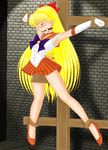  1girl aino_minako aomenjuu ball_gag bangs bdsm bishoujo_senshi_sailor_moon blonde_hair blush bondage bound brick_wall choker crucifixion cruxificion elbow_gloves eyes_closed gag gloves indoors microskirt pussy_juice sailor_collar sailor_venus saliva seimen10 serafuku skirt solo very_long_hair whiffer_ball whip_marks wooden_horse 