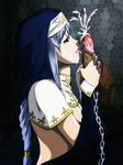  1girl artist_request braid censored chains character_request cum cum_on_hair cumming dark-skinned_male ejaculation facial fellatio glory_hole handjob highres lavender_hair licking long_hair nun oral penis pointless_censoring stained_glass tappa_(esperanza) 