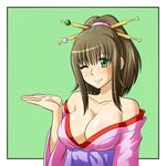  breasts cleavage japanese_clothes shikuta_maru smile wink 