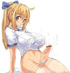  1girl blonde_hair blue_eyes breast_hold breasts censored cum erection futanari hair_ribbon huge_boobs huge_breasts large_breasts long_hair panties penis ribbon sexy sketch solo ubanis underwear 