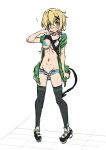  1girl akatsuki_kirika bikini black_legwear blonde_hair blue_shorts blush breasts cleavage clothes_lift demon_tail fake_tail fujikawa_daichi full_body green_bikini green_eyes grin hair_ornament large_breasts lifted_by_self looking_at_viewer navel senki_zesshou_symphogear shiny shiny_hair shiny_skin shirt_lift short_hair short_shorts shorts simple_background sketch smile solo standing swimsuit tail thighhighs white_background x_hair_ornament 