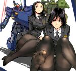  2girls black_hair black_jacket black_legwear black_necktie black_skirt brown_eyes buttons closed_mouth commentary_request double-breasted gun gundam gundam_mk_ii handgun hat hizack jacket kamisimo_90 long_sleeves looking_at_viewer mecha medium_hair military military_uniform multiple_girls necktie original panties panties_under_pantyhose pantyhose pencil_skirt shirt sitting skirt smile soles thighband_pantyhose underwear uniform weapon white_shirt 