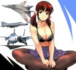  1girl aircraft airplane bangs bare_shoulders black_bra black_legwear bra breasts brown_eyes brown_hair cleavage collarbone commentary_request f-14_tomcat f-4_phantom_ii hair_ornament high-waist_pantyhose kamisimo_90 long_hair looking_at_viewer medium_breasts navel original pantyhose pleated_skirt simple_background sitting skirt smile soles solo twintails twintails_nurse_(kamisimo_90) underwear 