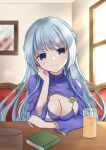 1girl blue_eyes blue_hair blue_lotus_(flower_knight_girl) book breasts cleavage cleavage_cutout clothing_cutout commentary_request cup drinking_glass flower_knight_girl highres indoors large_breasts long_hair long_sleeves looking_at_viewer sakuragi_sayu sitting smile solo 