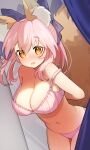  1girl animal_ear_fluff animal_ears blue_bow blue_ribbon blush bow bra breasts cleavage eyebrows_visible_through_hair fang fate/extella fate/extra fate/extra_ccc fate/grand_order fate_(series) fox_ears fox_girl fox_tail glasses hair_ribbon large_breasts navel open_mouth panties pink_bra pink_hair pink_panties ribbon solo split_ponytail tail tamamo_(fate) tamamo_no_mae_(fate/extra) tsukimi_okayu underwear underwear_only yellow_eyes 