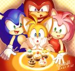  animal_ears animal_nose blue_eyes chana_(furrytails) commentary_request cupcake emii_(akabanzu) food fox_boy fox_ears fox_tail furry furry_male gloves highres knuckles_the_echidna male_focus multiple_boys simple_background smile sonic_(series) sonic_the_hedgehog tail tails_(sonic) 