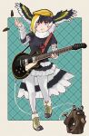  absurdres amplifier beige_footwear bird_girl bird_tail bird_wings black_hair black_shirt black_skirt blonde_hair blue_eyes boots detached_sleeves electric_guitar eyebrows_visible_through_hair flat_cap full_body fur_collar fur_trim great_hornbill_(kemono_friends) guitar hat head_wings highres instrument kemono_friends multicolored_hair pantyhose pleated_skirt shirt short_sleeves skirt t-shirt tail toriny two-tone_skirt white_fur white_hair white_legwear white_skirt white_sleeves wings yellow_headwear 