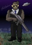  absurd_res agent anthro ape clothing cosplay eyewear gorilla haplorhine hi_res male mammal men_in_black night primate rufusrooskram solo suit sunglasses torn_clothing ufo weapon 