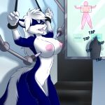  1:1 5_fingers aggrobadger anthro big_breasts blue_body blue_fur breast_expansion breasts expansion eyes_closed female fingers fur mammal mephitid nipples open_mouth skunk solo syringe white_body white_fur wrists_tied 