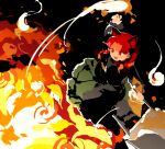  1girl animal_ears black_background black_bow bow braid cat_ears darkness dress explosion extra_ears fire ghost glowing green_dress hand_up highres hitodama kaenbyou_rin kaigen_1025 molten_rock open_mouth red_eyes red_hair shiny slit_pupils smile solo sparks touhou twin_braids wheelbarrow 