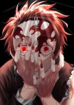  1boy absurdres black_background brown_hair commentary_request covering_face crying crying_with_eyes_open demon_boy earrings fingernails glowing glowing_eye hanafuda_earrings hands_on_own_face hands_up highres jewelry kamado_tanjirou kimetsu_no_yaiba long_fingernails long_sleeves looking_at_viewer male_focus peeking_through_fingers pommm_pomemen04 portrait red_eyes scar scar_on_face scar_on_forehead sharp_fingernails simple_background slit_pupils solo spiked_hair spoilers tears torn_clothes torn_sleeves translation_request veins 