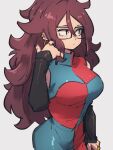  1girl android_21 breasts checkered_clothes checkered_dress closed_mouth dragon_ball dragon_ball_fighterz dress earrings glasses grey_background hair_between_eyes hoop_earrings jewelry kemachiku large_breasts long_hair looking_to_the_side red_hair simple_background solo 