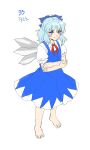  1girl absurdres bare_legs barefoot blue_dress blue_eyes blue_hair blush cirno collared_shirt commentary_request crossed_arms derivative_work dress frilled_sleeves frills full_body highres ice ice_wings korean_commentary kuya_(hey36253625) puffy_short_sleeves puffy_sleeves red_ribbon ribbon shirt short_hair short_sleeves simple_background standing touhou translation_request v-shaped_eyebrows white_background white_shirt wings 