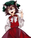  1girl animal_ears bangs bow brown_hair cat_ears chen dress earrings green_headwear hand_up hat jewelry long_sleeves looking_to_the_side mob_cap nail_polish perfect_cherry_blossom pillow_hat portrait red_dress red_nails red_skirt rrssrr short_hair simple_background single_earring skirt solo touhou white_background white_bow 