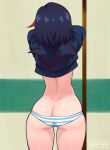  1girl absurdres ass black_hair butt_crack clothes_lift commentary cowboy_shot from_behind green_panties highres indoors kill_la_kill matoi_ryuuko medium_hair meme multicolored_hair no_pants panties red_hair ryuko_redraw_(meme) school_uniform serafuku shiny shiny_skin skindentation solo streaked_hair striped striped_panties thighs underwear undressing unmei_(unleashed) white_panties 