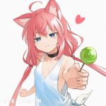  1girl absurdres ahoge animal_ear_fluff animal_ears artist_name bare_arms black_choker blue_eyes blush breasts candy cat_ears chinese_commentary choker closed_mouth commentary_request food heart highres hinata_channel incoming_food linpiu lollipop long_hair looking_at_viewer nekomiya_hinata pink_hair reaching_out simple_background small_breasts smile solo tank_top twintails upper_body virtual_youtuber white_background white_tank_top 