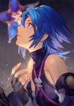 1girl aqua_(kingdom_hearts) bangs bare_shoulders blue_eyes blue_hair detached_sleeves fingerless_gloves fingernails from_side gloves grey_gloves hungry_clicker kingdom_hearts kingdom_hearts_birth_by_sleep light_particles lips parted_lips pink_lips short_hair solo spiked_hair turtleneck 