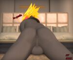  3d_(artwork) anthro anus balls bed bedroom burning_wolf_(fortnite) butt canid canine canis dialogue digital_media_(artwork) epic_games fire fortnite furniture genitals glowing imminent_sex looking_back lying male male/male mammal mask scarf sky_chaser solo source_filmmaker spread_legs spreading video_games wolf 