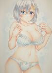  1girl absurdres bangs blue_eyes bra breasts bubble_background cleavage grey_hair hair_ornament hamakaze_(kancolle) highres kantai_collection kumaccyo large_breasts lingerie looking_away marker_(medium) panties ribbon ribbon_bra ribbon_panties short_hair shy traditional_media underwear white_bra white_panties 