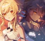  1boy 1girl aether_(genshin_impact) bangs blonde_hair breasts cleavage closed_mouth dress fireflies genshin_impact gloves highres kino_(m6t2a) long_hair looking_at_viewer looking_away lumine_(genshin_impact) medium_breasts open_mouth scarf short_hair_with_long_locks siblings upper_body white_dress white_scarf yellow_eyes 