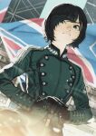  1girl bangs black_hair breasts brick_wall buttons closed_mouth flag_background gloves hair_over_one_eye highres hirate_yurina holding keyakizaka46 looking_at_viewer military military_uniform mole mole_under_mouth multicolored_background nzenzenzenze own_hands_together short_hair small_breasts standing uniform 