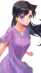  1girl bangs bearo black_hair collarbone crying crying_with_eyes_open dress eyebrows_visible_through_hair floating_hair hair_between_eyes highres long_hair looking_at_viewer meitantei_conan mouri_ran open_mouth purple_dress purple_eyes shiny shiny_hair short_dress short_sleeves simple_background sketch solo standing straight_hair tears very_long_hair white_background 