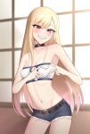  1girl absurdres bandeau bangs bare_arms bare_shoulders belt black_belt black_choker blonde_hair blush breasts choker cleavage cleavage_cutout clothing_cutout collarbone commentary_request cosplay cowboy_shot cutoffs denim denim_shorts eyebrows_visible_through_hair fate/apocrypha fate_(series) grin groin head_tilt heart heart_hands highres indoors kitagawa_marin long_hair looking_at_viewer medium_breasts midriff mordred_(fate) mordred_(fate/apocrypha) mordred_(fate/apocrypha)_(cosplay) nail_polish navel pendreon pink_eyes pink_nails short_shorts shorts smile solo sono_bisque_doll_wa_koi_wo_suru spaghetti_strap standing stomach very_long_hair 