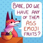  ambiguous_gender anthro blue_background canid canine dialogue dot_eyes food fox fruit fruit_bowl fur glassshine hi_res humor long_ears mammal orange_body orange_fur plant simple_background 