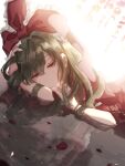  1girl bangs bloom eyebrows_visible_through_hair front_ponytail green_hair hair_between_eyes half-closed_eyes highres kagiyama_hina long_hair looking_away lying on_side overexposure puddle red_eyes reflection simple_background solo touhou tsuyuji_shigure upper_body water white_background 