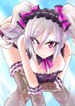  1girl bare_shoulders bent_over breast_hold breasts cleavage elbow_gloves eyelashes gloves hair_ornament highres idolmaster idolmaster_cinderella_girls kanzaki_ranko kobayashi_tetsuya large_breasts looking_at_viewer outdoors purple_hair red_eyes short_hair short_twintails solo summer thighhighs twintails water wet 