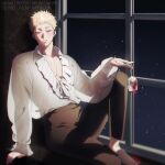  alcohol blonde_hair blush cup drinking_glass looking_to_the_side mongz moonlight muscular muscular_male night original pants pectoral_cleavage pectorals red_eyes room see-through shoes sitting sky star_(sky) window wine wine_glass 